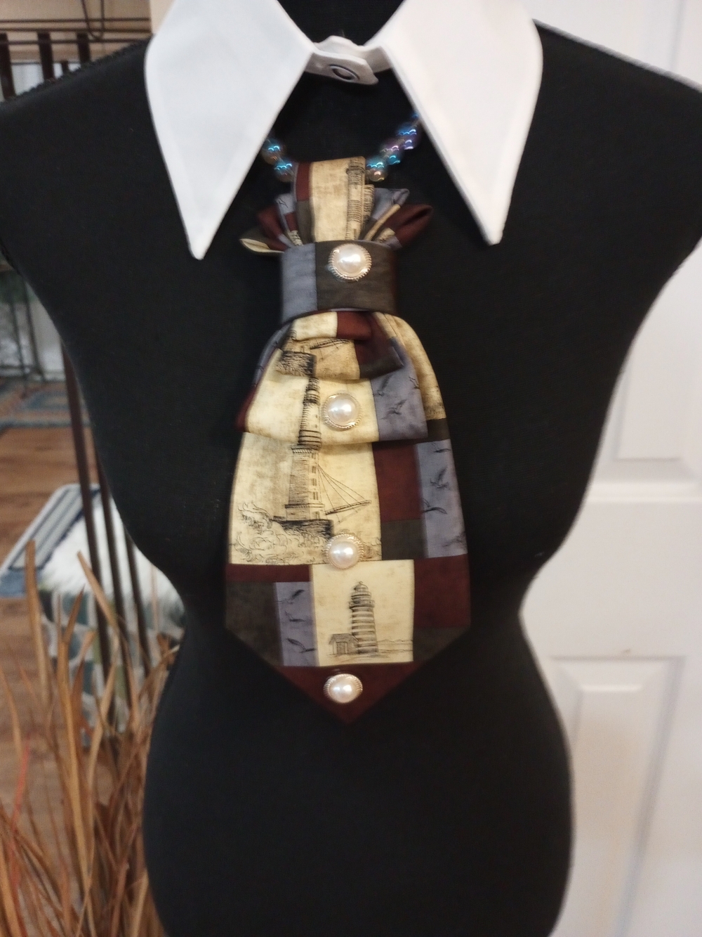 Statement Pearl-Accent Lighthouse Neck Tie Necklace in Brown Blue & Cream